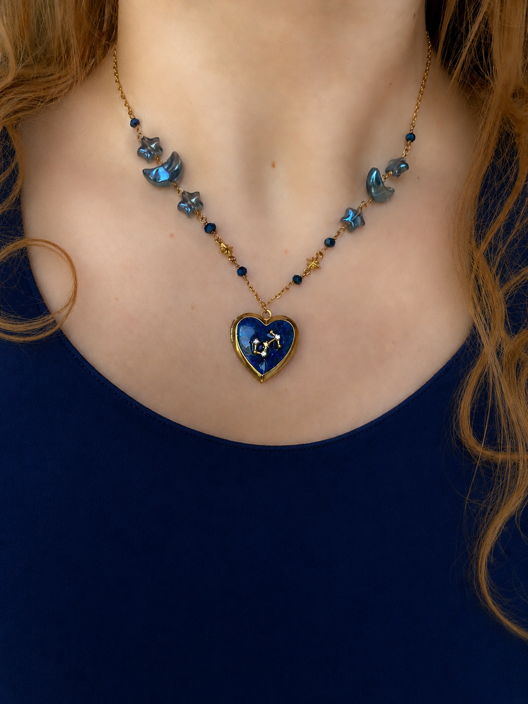 Gold Starry Night Zodiac Memory Locket Necklace | Heart Photo Locket