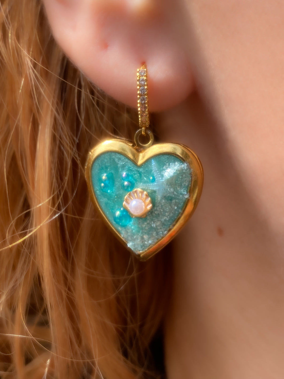 Mermaid Treasure Heart Earrings | Azure Shell Glitter