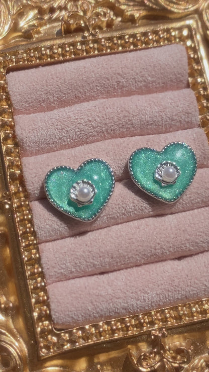 Mermaid Treasure Heart Stud Earrings | Azure Shell Glitter Crystal Heart
