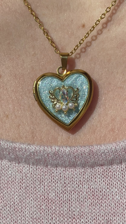 Midnight Wish Locket Necklace | Gold Heart Blue Glitter Photo Locket Gift For Her
